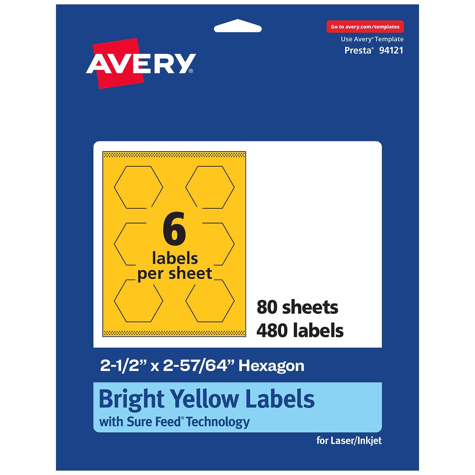 Avery Hexagon Laser/Inkjet Multipurpose Labels, 2-1/2 x 2-57/64, Bright Yellow (480/Box)
