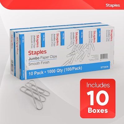 Staples Smooth Paper Clips, Jumbo, Silver, 100/Box, 10 Boxes/Pack (A7026605/72578)