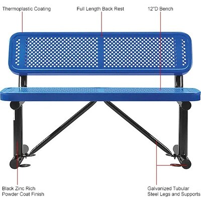 Global Industrial 4' Outdoor Steel Bench w/ Backrest, Perforated Metal, Blue (695744BL)