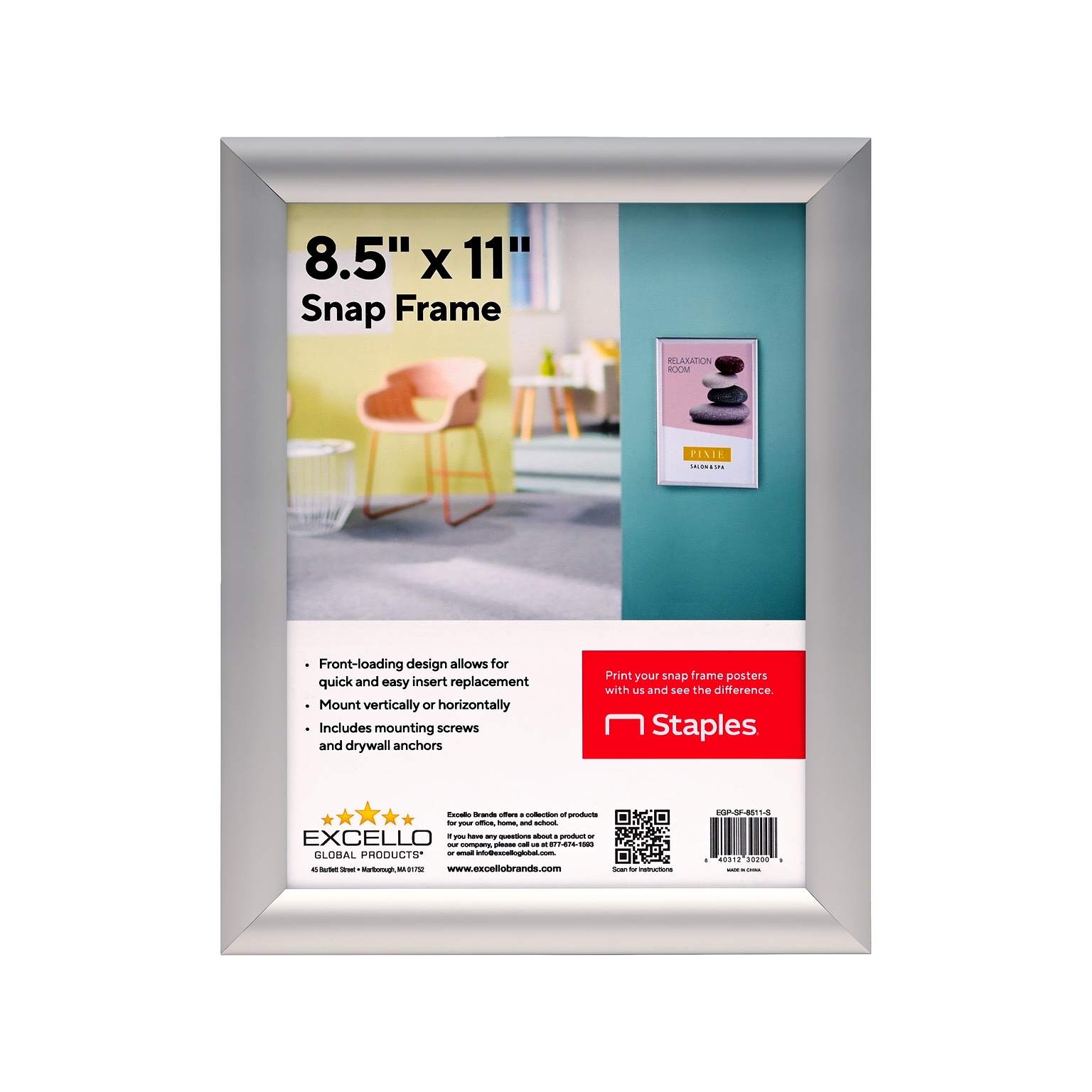 Excello Global Products Snap Frame Poster Holder, 8.5 x 11, Wall Mounted, Silver Aluminum (EGP-SF-8511-S)