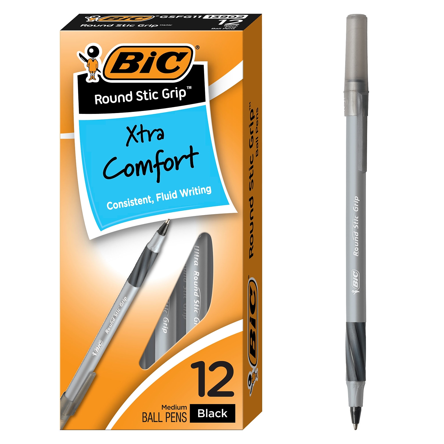BIC Xtra Comfort Round Stic Grip Ballpoint Pens, Medium Point, 1.2mm, Black Ink, Dozen (13726/GSMG11)