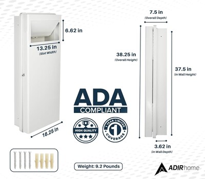 AdirHome Built-In Wall Laundry Hamper, 38.25"H x 7.25"W x 3.62"D, White (315-01-WHI)