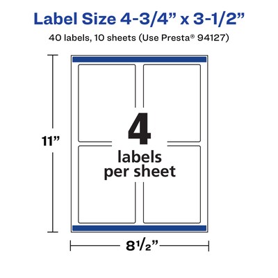 Avery Laser/Inkjet Rectangle Waterproof Multipurpose Labels, 3.5"  x 4.75", White, 40/Pack (94127)