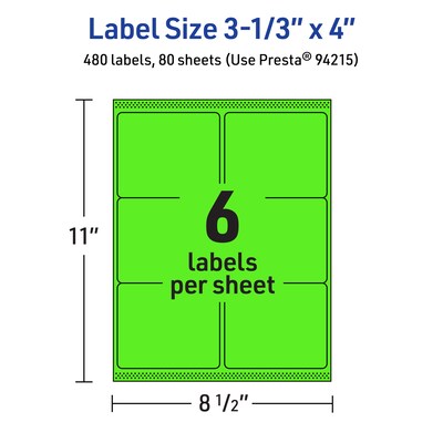 Avery Laser/Inkjet Multipurpose Rectangle Labels, 3-1/3" x 4", Neon Green, 480/Box (94215)