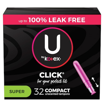 U by Kotex Click Super Compact Tampon, Unscented, 32/Pack (51584)