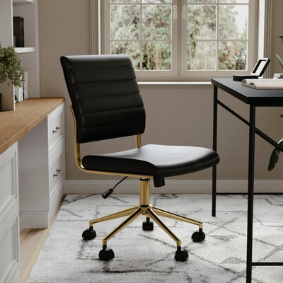 Martha Stewart Ivy Armless Faux Leather Swivel Office Chair, Black/Polished Brass (CH2209211BKGLD)