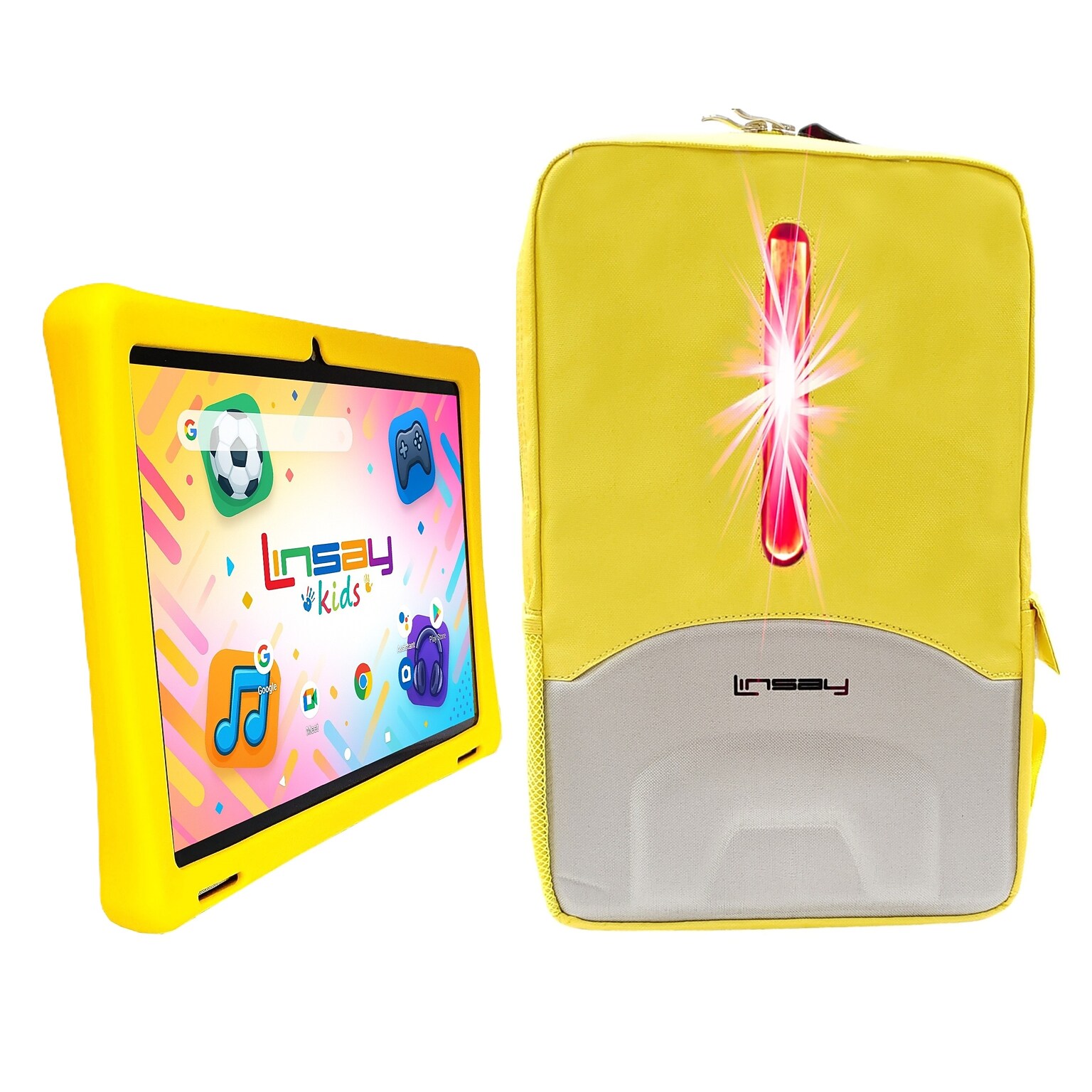 Linsay 10.1 Tablet, Wi-Fi, Octa Core, 256GB eMMC, Android 15, with Yellow Kids Defender Case and LED Backpack Yellow
