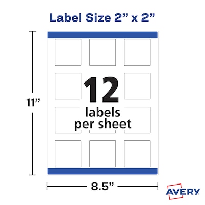 Avery Print-to-the-Edge Laser/Inkjet Square Labels, 2" x 2", White, 12 Labels/Sheet, 25 Sheets/Pack, 300 Labels/Pack (22806)
