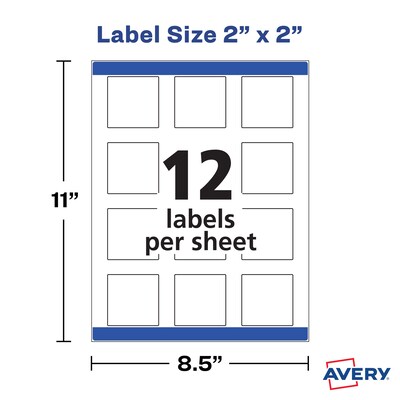 Avery Print-to-the-Edge Laser/Inkjet Square Labels, 2" x 2", White, 12 Labels/Sheet, 25 Sheets/Pack, 300 Labels/Pack (22806)