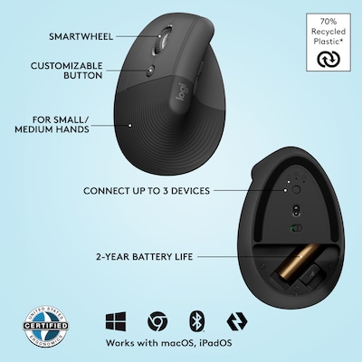 Logitech Lift Left for Business Wireless Ergonomic Left Handed Optical Mouse, Graphite (910-006467)