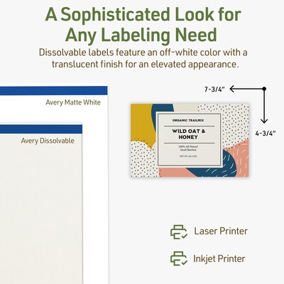 Avery Dissolvable Rectangle Multipurpose Labels, 4.75" x 7.75", Off-white, 50/Pack (94255)
