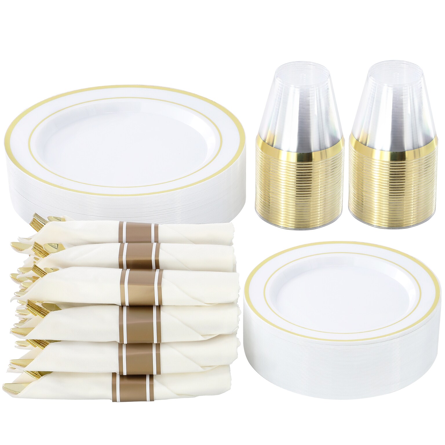Round Elama Plastic Dinnerware Set, White/Gold, 350 Piece (935123348M)