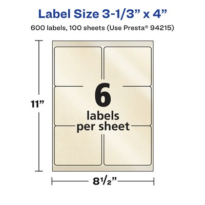 Avery Pearlized Ivory Rectangle Multipurpose Labels, 3-1/3" x 4", Ivory, 600/Box (94215)