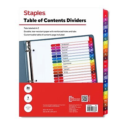 Staples Durable Paper A-Z Alphabetical Dividers, 26-Tabs, Multicolor
