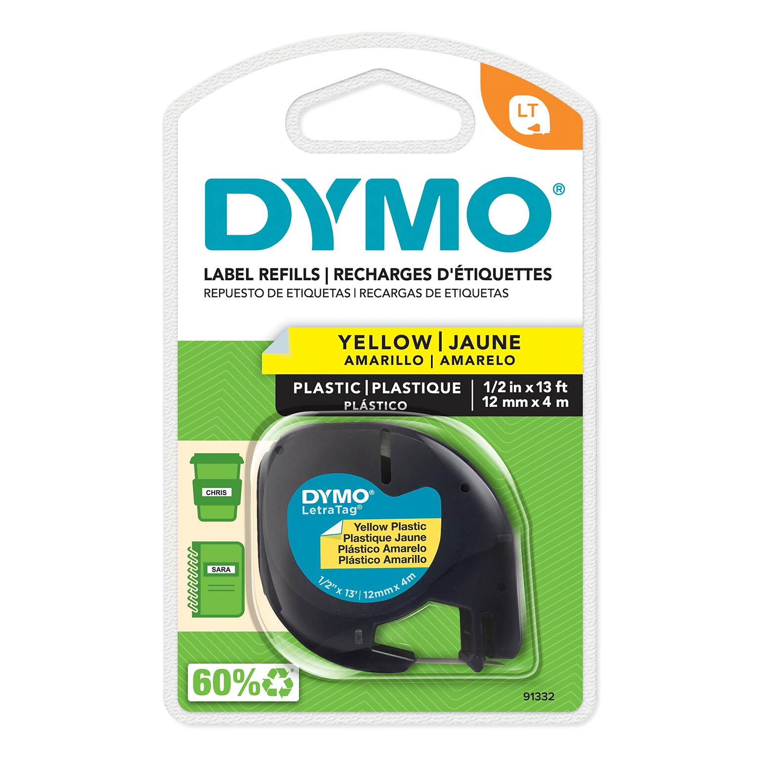 DYMO LetraTag 91332 Plastic Label Maker Tape, 1/2 x 13, Black on Yellow (91332)