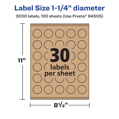 Avery Laser/Inkjet Multipurpose Circle Labels, 1.25" Dia, Kraft Brown, 3000/Box (94505)