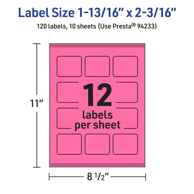 Avery Rectangle Laser/Inkjet Multipurpose Labels, 1-13/16" x 2-3/16", Bright Pink (120/Pack)