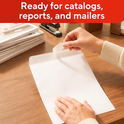 Staples 9 x 12 Catalog Mailing Envelopes, White Wove, QuickStrip EasyClose Peel & Seal, Strong Self-Seal Closure, 100/Pack