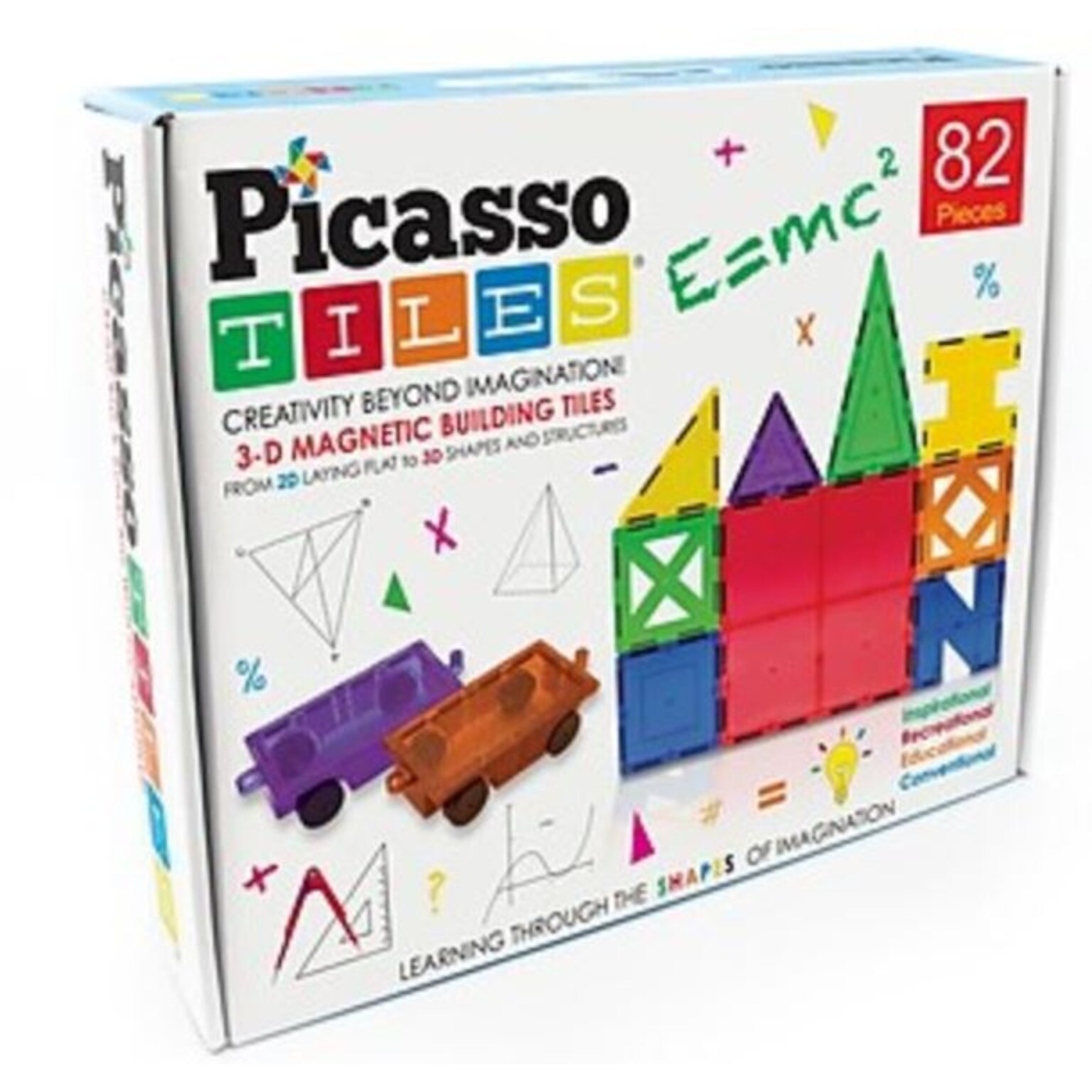 PicassoTiles, 82 pc Set Magnetic Blocks Plus 2 Cars (PT82)