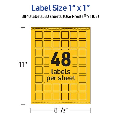 Avery Laser/Inkjet Square Multipurpose Labels, 1" x 1", Bright Yellow, 3840/Box (94103)