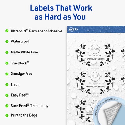 Avery Waterproof Oval Scalloped Laser Multipurpose Labels, 2 x 3, White, 400/Box (19479399202)