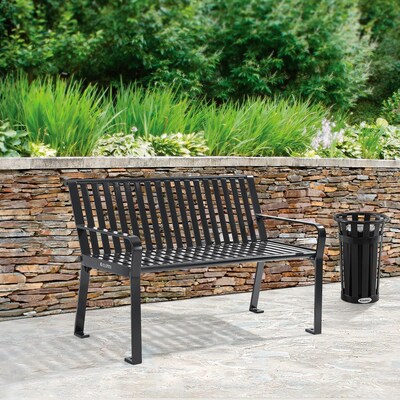 Global Industrial 4' Outdoor Bench with Back, Vertical Steel Slat, Black (436975BK)