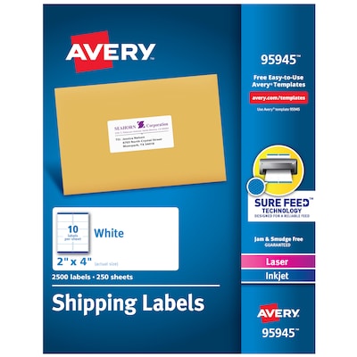Avery Sure Feed Laser/Inkjet Shipping Labels, 2 x 4, White, 10 Labels/Sheet, 250 Sheets/Box, 2,500