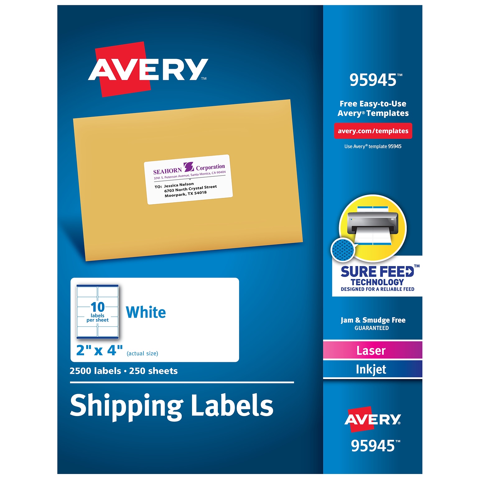 Avery Sure Feed Laser/Inkjet Shipping Labels, 2 x 4, White, 10 Labels/Sheet, 250 Sheets/Box, 2,500 Labels/Box (95945)