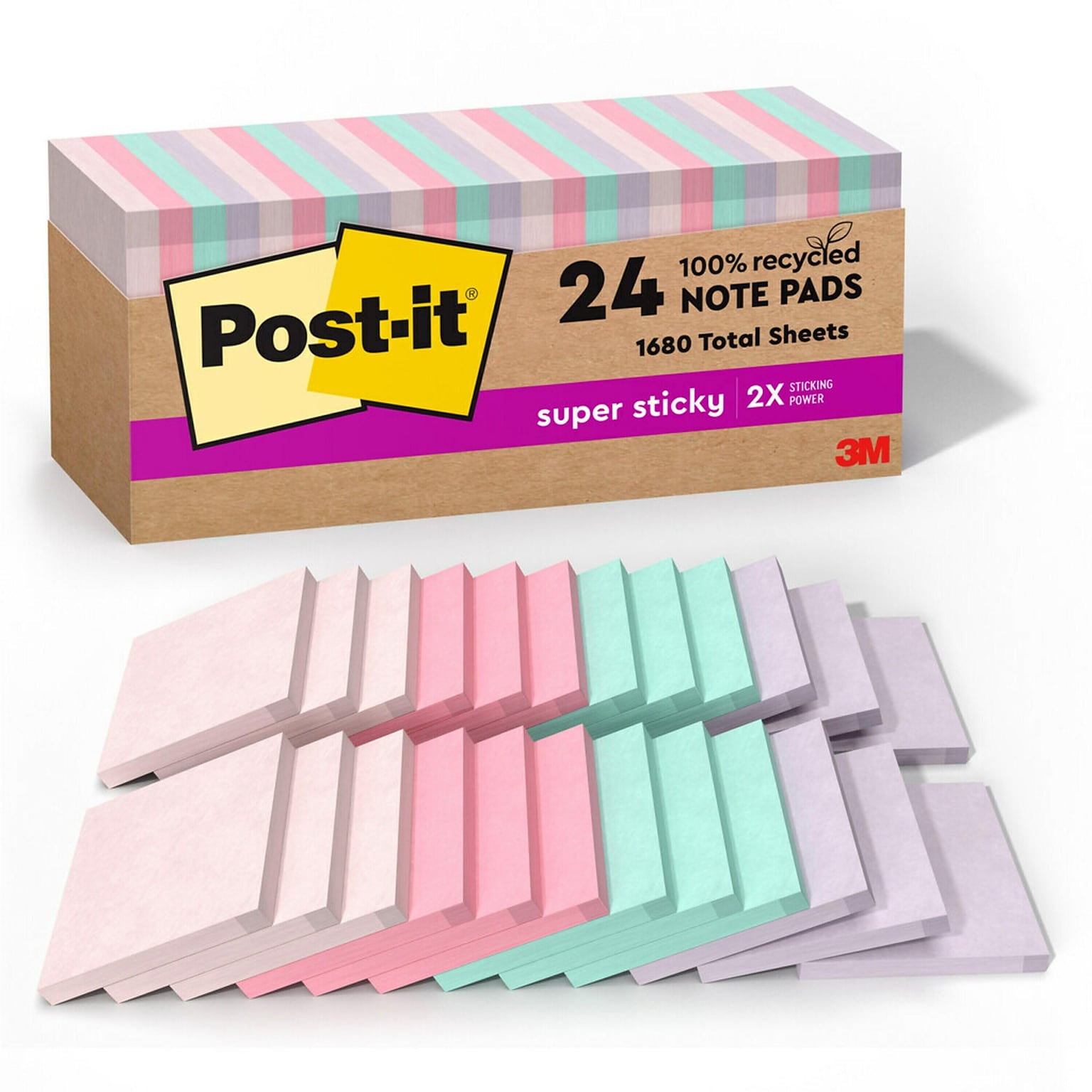 Post-it Recycled Super Sticky Notes, 3 x 3, Wanderlust Pastels Collection, 70 Sheet/Pad, 24 Pads/Pack (654R-24SSNRPCP)