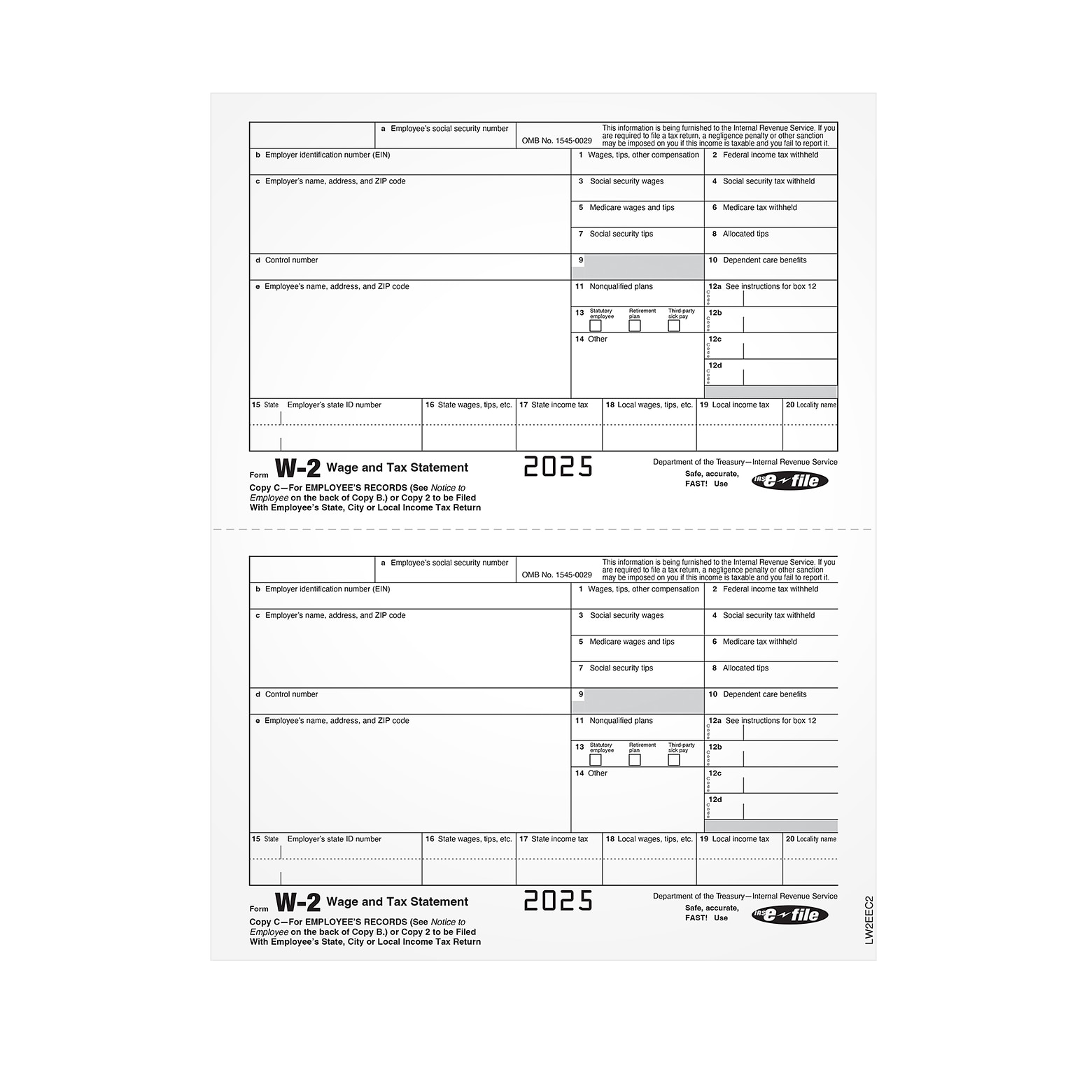 Adams Employees Copies Cut Sheet 2025 W-2 Tax Form, 1-Part, Copy C, 100/Pack (LW2EEC2)