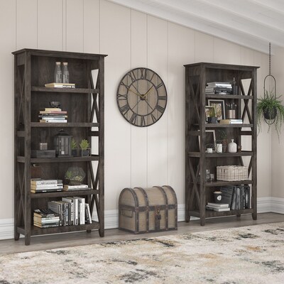 Bush Furniture Key West 66"H 5-Shelf Bookcase with Adjustable Shelves, Dark Gray Hickory Wood, 2/Set (KWS046GH)