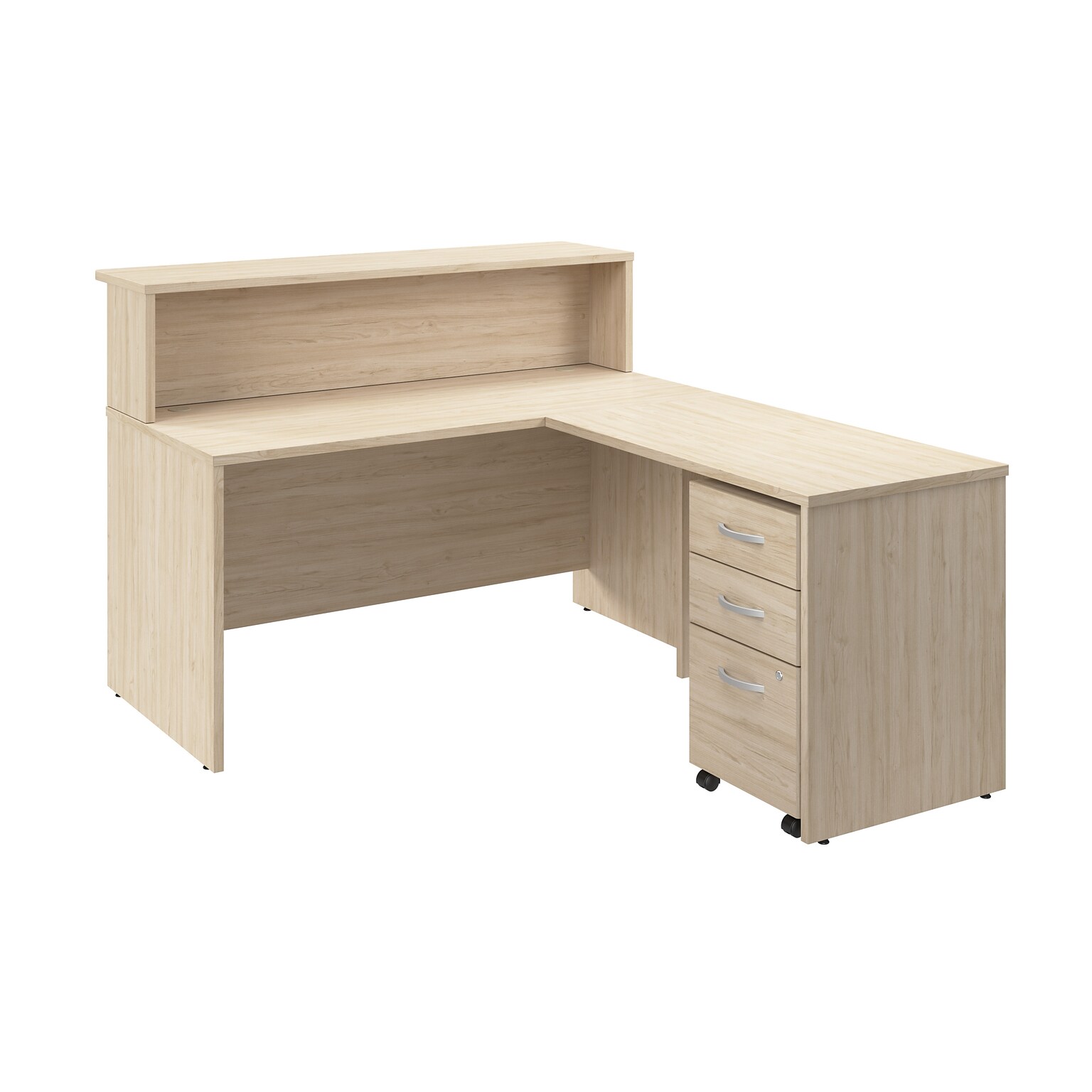 Bush Business Furniture Arrive 60W L Shaped Reception Desk with Shelf and Mobile File Cabinet, Natural Elm (ARV004NE)
