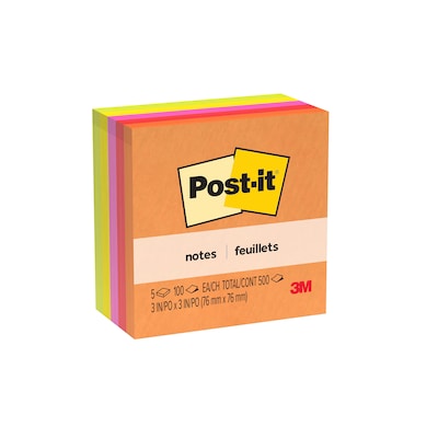 Post-it Notes, 3 x 3, Sunburst Collection, 100 Sheet/Pad, 5 Pads/Pack (654-5SUN)
