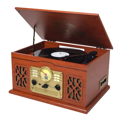 Victor State 7-in-1 Turntable Music Center w/ 3-Speed Record Player, CD/MP3/Cassette, FM, Dual Bluetooth In/Out, Mahogany