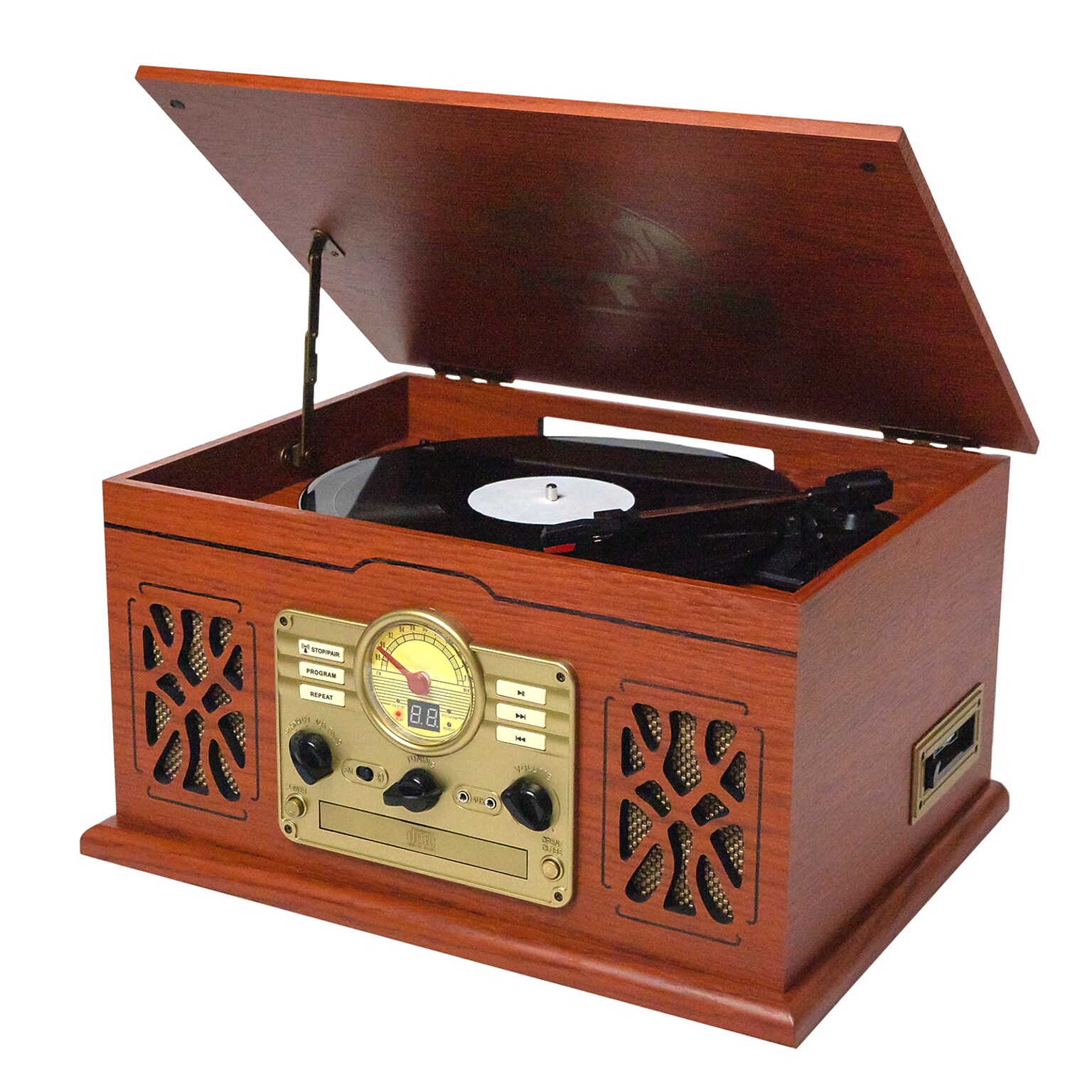 Victor State 7-in-1 Turntable Music Center w/ 3-Speed Record Player, CD/MP3/Cassette, FM, Dual Bluetooth In/Out, Mahogany