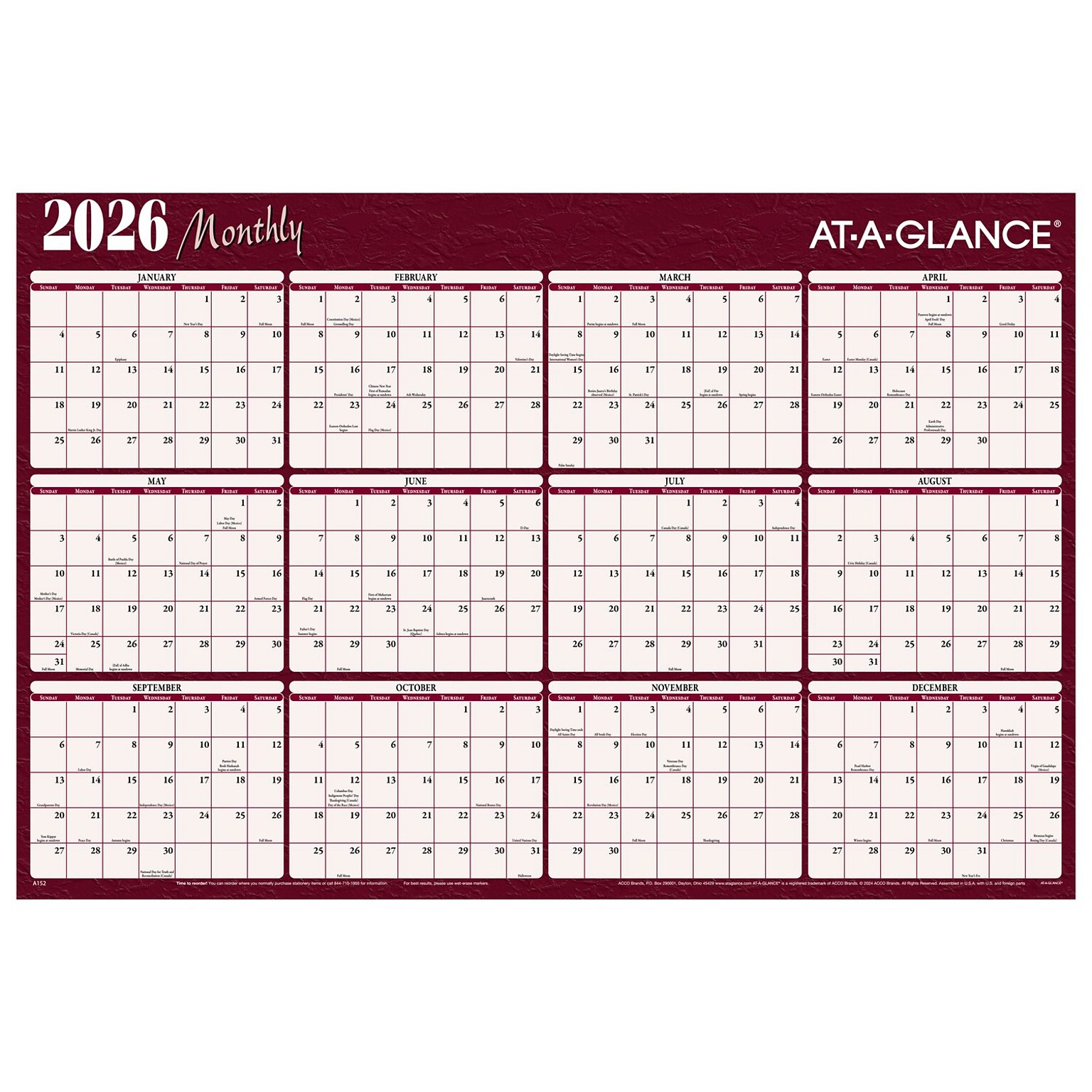 2026 AT-A-GLANCE 48 x 32 Yearly Dry Erase Wall Calendar, Reversible, Red/Blue (A152-26)