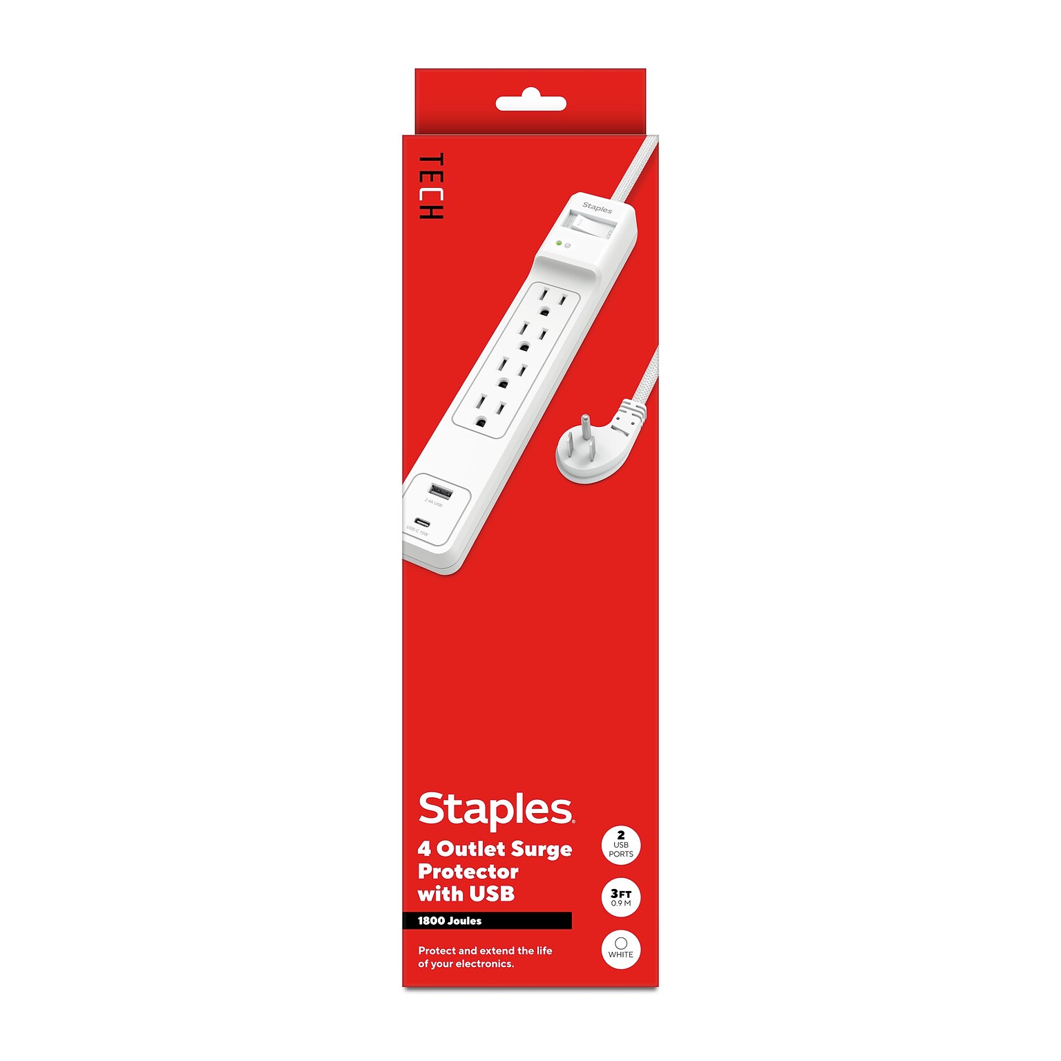 Staples TECH 4-Outlet 2-USB Port Surge Protector, 3, 1800 Joules, White (ST62773)