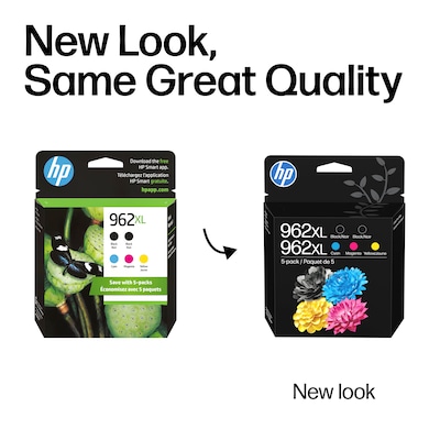 HP 962XL Black/Cyan/Magenta/Yellow High Yield Ink Cartridges, 5/Pack (6ZA57AN)