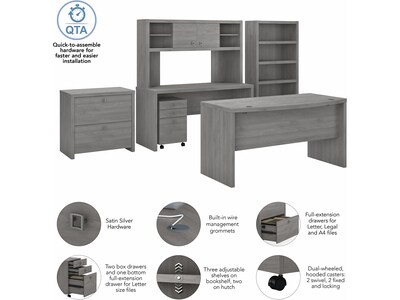 Bush Business Furniture Echo 60"W Bow Front Desk, Credenza with Hutch, Bookcase and File Cabinets, Modern Gray (ECH029MG)