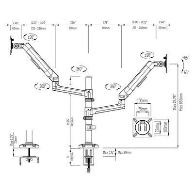 Mind Reader Dual Monitor Arm for 13" - 32" Monitor, Gas Spring VESA Desk Mount, Black (AGTILTDB-BLK)