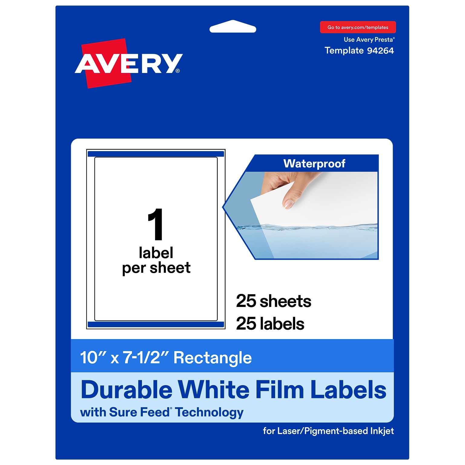 Avery Laser/Inkjet Rectangle Waterproof Multipurpose Labels, 7.5  x 10, White, 25/Pack (94264)