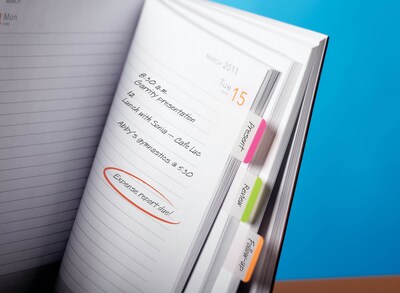 Post-it® Durable Tabs, 1" Wide, Lined, Assorted Colors, 66 Tabs/Pack (686L-PGO)