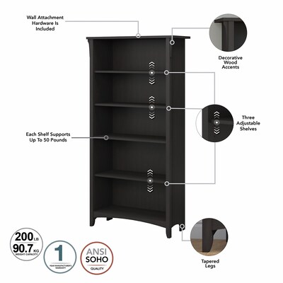 Bush Furniture Salinas 63"H 5-Shelf Bookcase with Adjustable Shelves, Vintage Black Laminated Wood (SAB132VB-03)