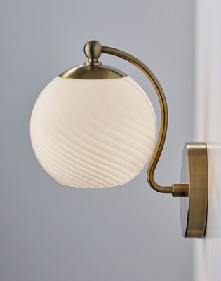 Adesso Incandescent Swirl Wall Lamp, 12"H, Antique Brass/White Swirl Glosted Glass Shade (3251-21)