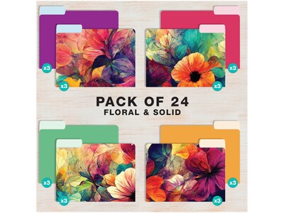 Global Printed Products Deluxe Designer Abstract Floral Heavy Duty File Folders, 1/3-Cut Tab, Assorted Colors, 24/Pack