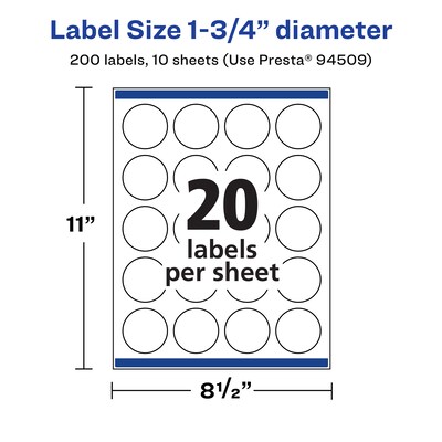 Avery Laser/Inkjet Round Multipurpose Labels, White, 20 Labels/Sheet, 10 Sheets/Pack (94509)