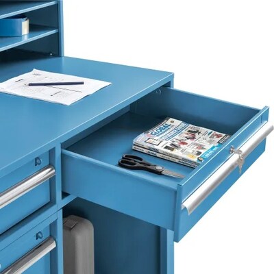 Global Industrial Pedestal Shop Desk w/ 4 Drawers & Shelf, 38"W x 29"D, Blue (319063BL)