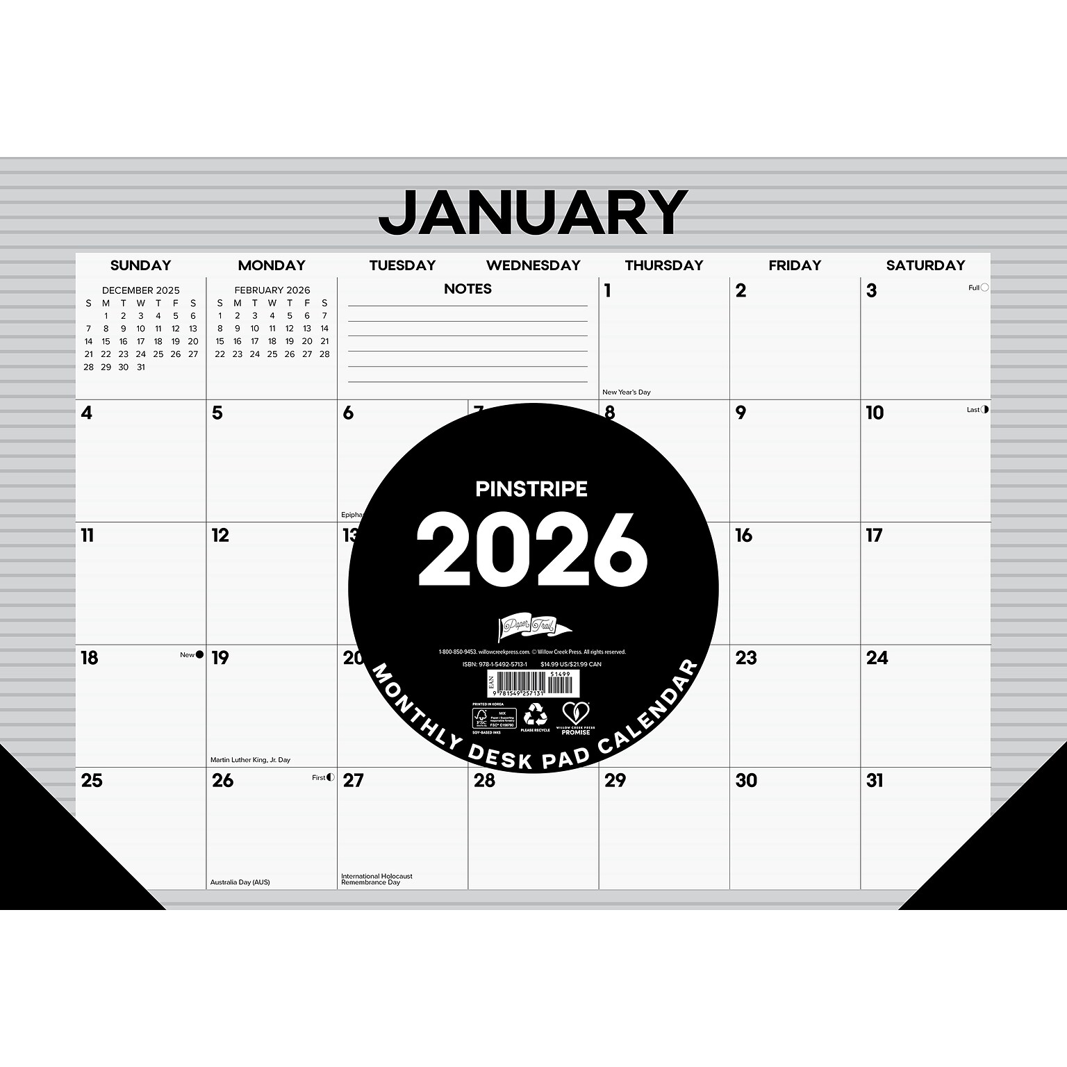 2026 Willow Creek Pinstripe 17 x 12 Monthly Desk Pad Calendar, Gray (57131)