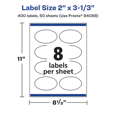 Avery Laser/Inkjet Oval Waterproof Multipurpose Labels, 3.33"  Dia, White, 400 Labels/Box (94056)