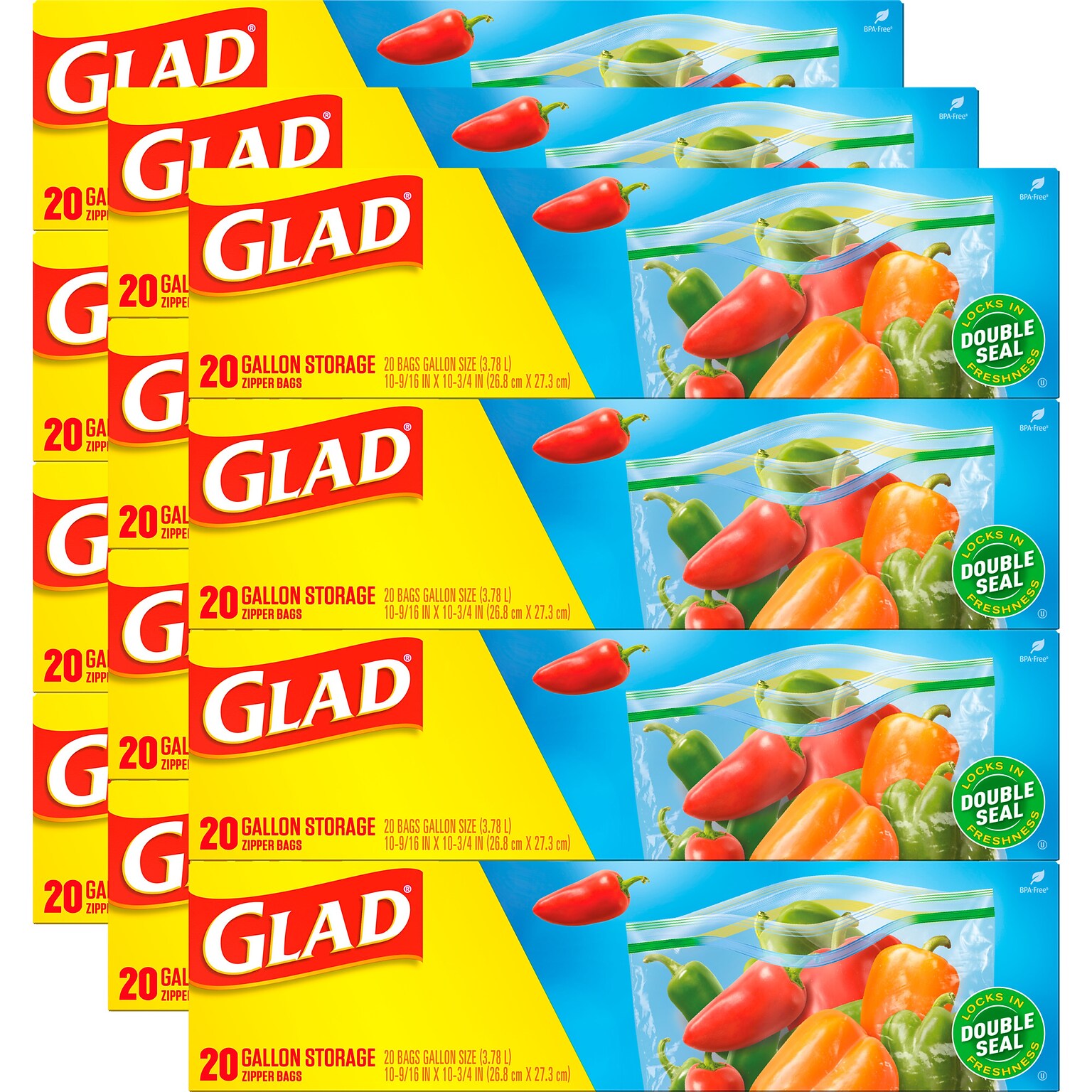 Glad Zipper Food Storage Bags, Gallon, 20 Bags/Box, 12/Carton (55050)